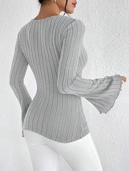 Women's Knit V-Neck Jumper Ribbed Flare Sleeve Pullover