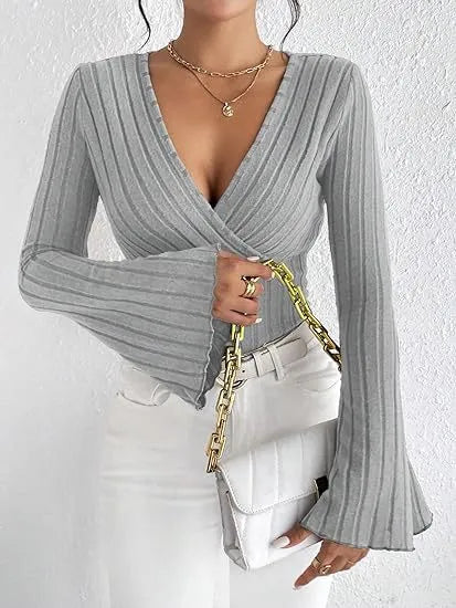 Women's Knit V-Neck Jumper Ribbed Flare Sleeve Pullover