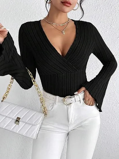 Women's Knit V-Neck Jumper Ribbed Flare Sleeve Pullover