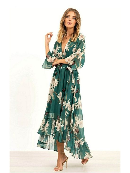 Women's Chiffon V-Neck Floral High-Low Wrap Maxi Dress