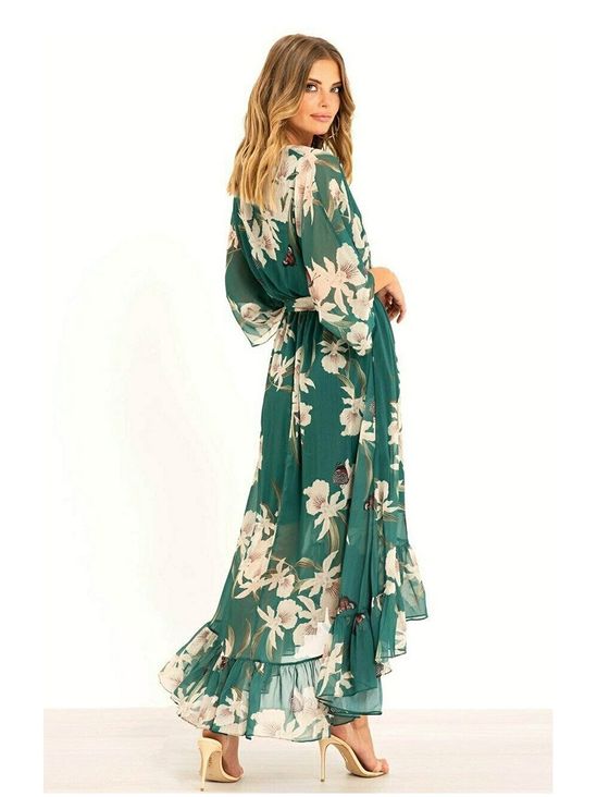Women's Chiffon V-Neck Floral High-Low Wrap Maxi Dress