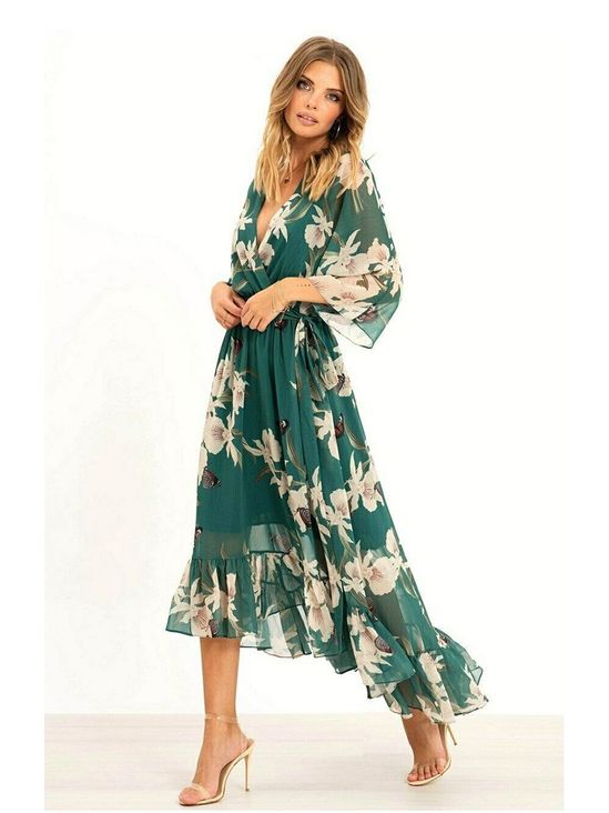 Women's Chiffon V-Neck Floral High-Low Wrap Maxi Dress