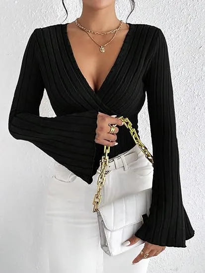 Women's Knit V-Neck Jumper Ribbed Flare Sleeve Pullover