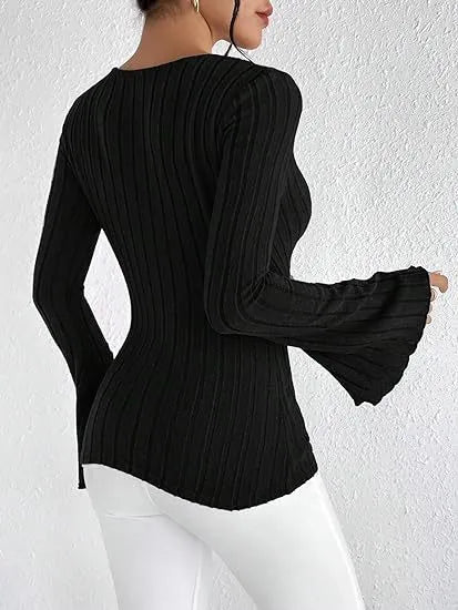 Women's Knit V-Neck Jumper Ribbed Flare Sleeve Pullover