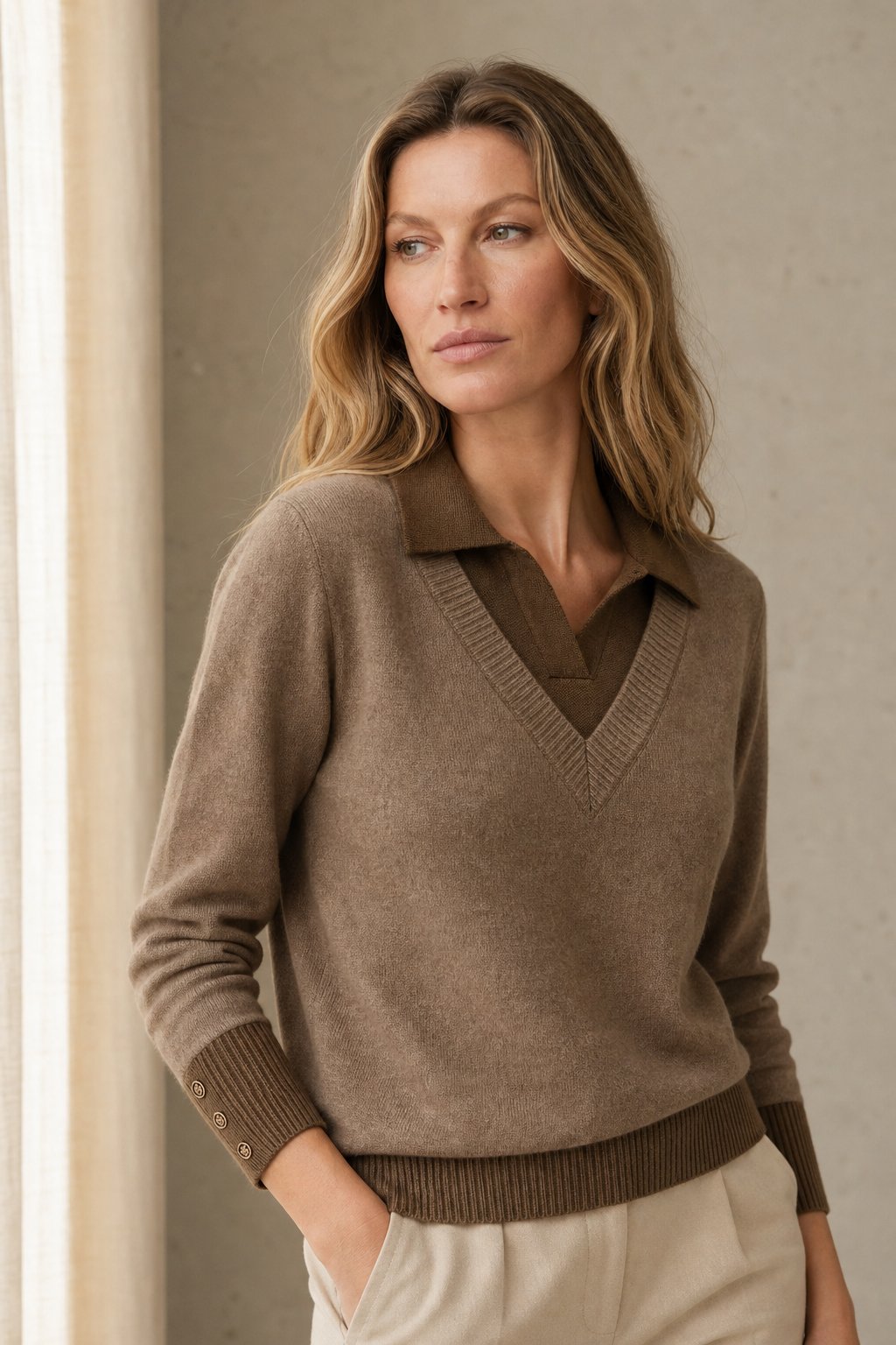 Women's Knit Sweater Collared V-Neck Pullover Top 