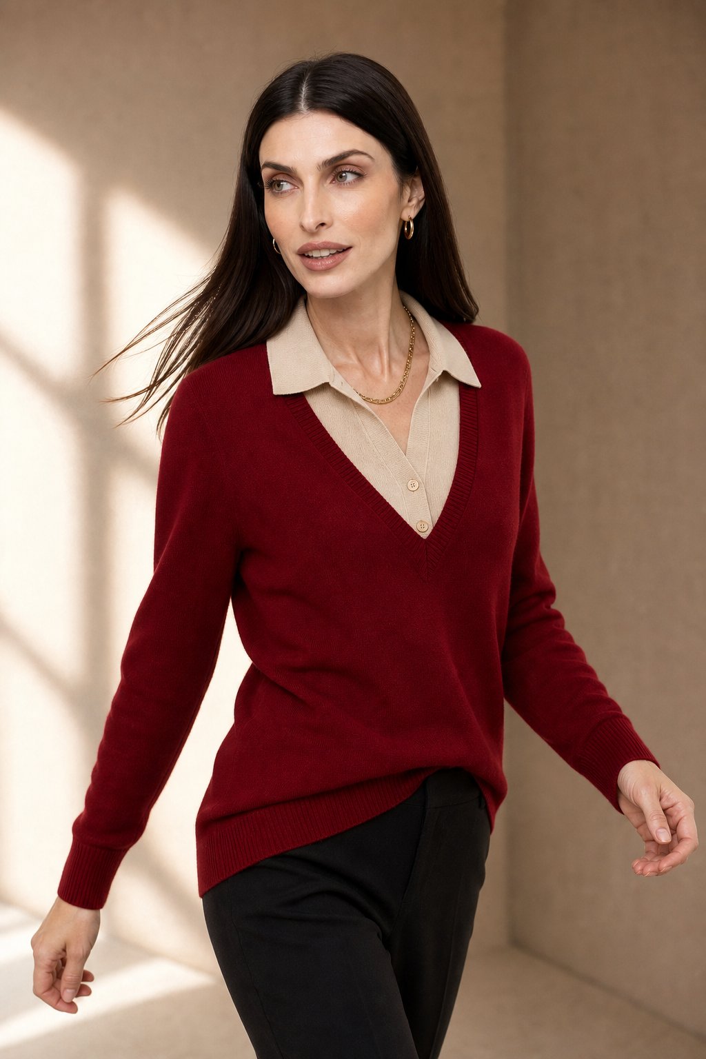 Women's Knit Sweater Collared V-Neck Pullover Top 