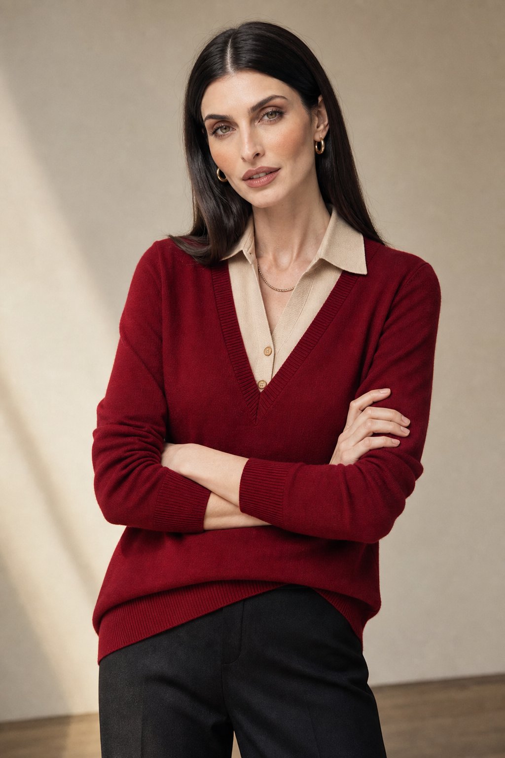 Women's Knit Sweater Collared V-Neck Pullover Top 