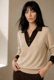 Women's Knit Sweater Collared V-Neck Pullover Top 