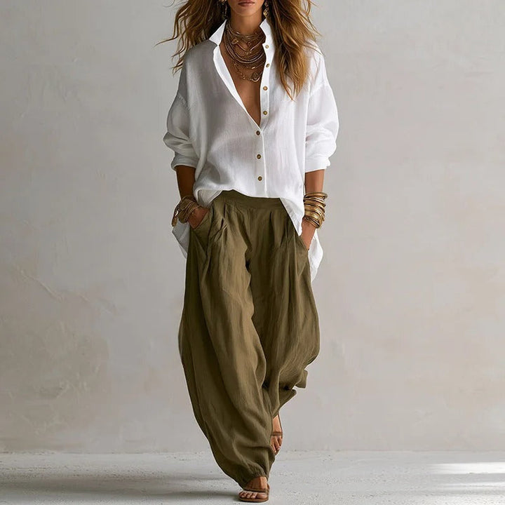 Women's Linen Boho Loose Top and Harem Pants Two Piece Set