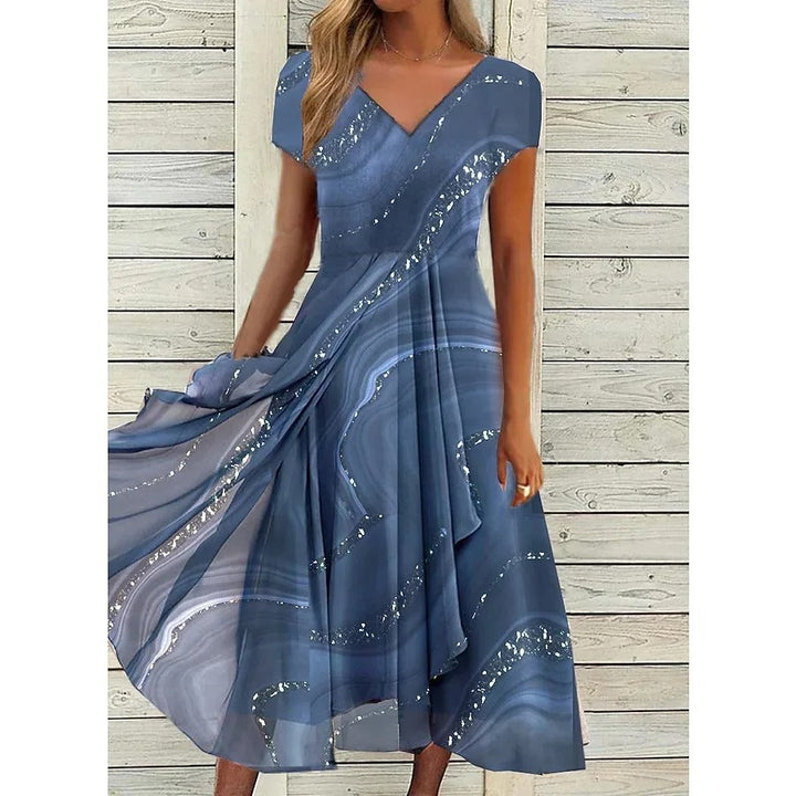 Women's Chiffon Pleated V-Neck Midi Dress