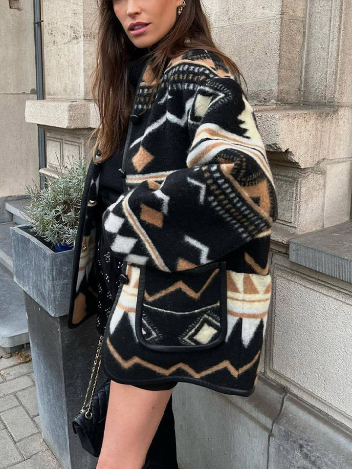 Women's Fleece Aztec Geometric Print Jacket Cardigan Coat