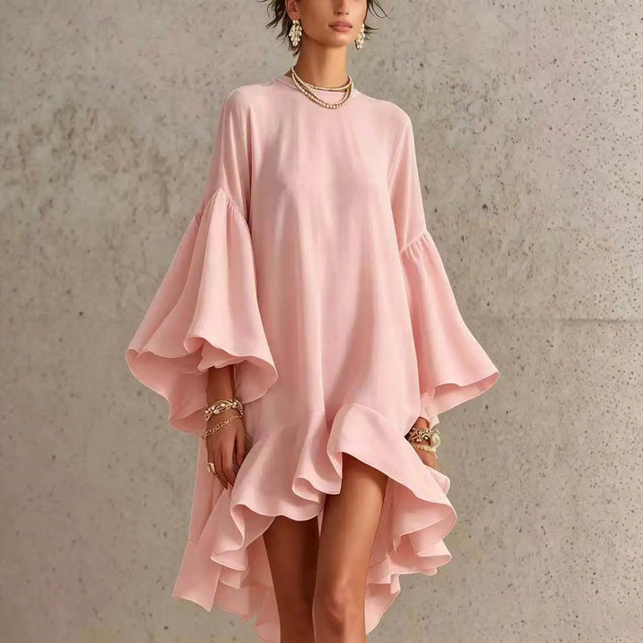 Women’s Linen Loose Bell Sleeve Ruffle Mini Dress