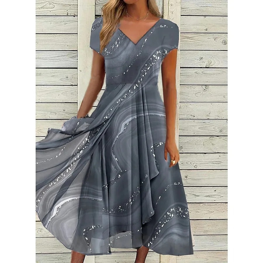 Women's Chiffon Pleated V-Neck Midi Dress