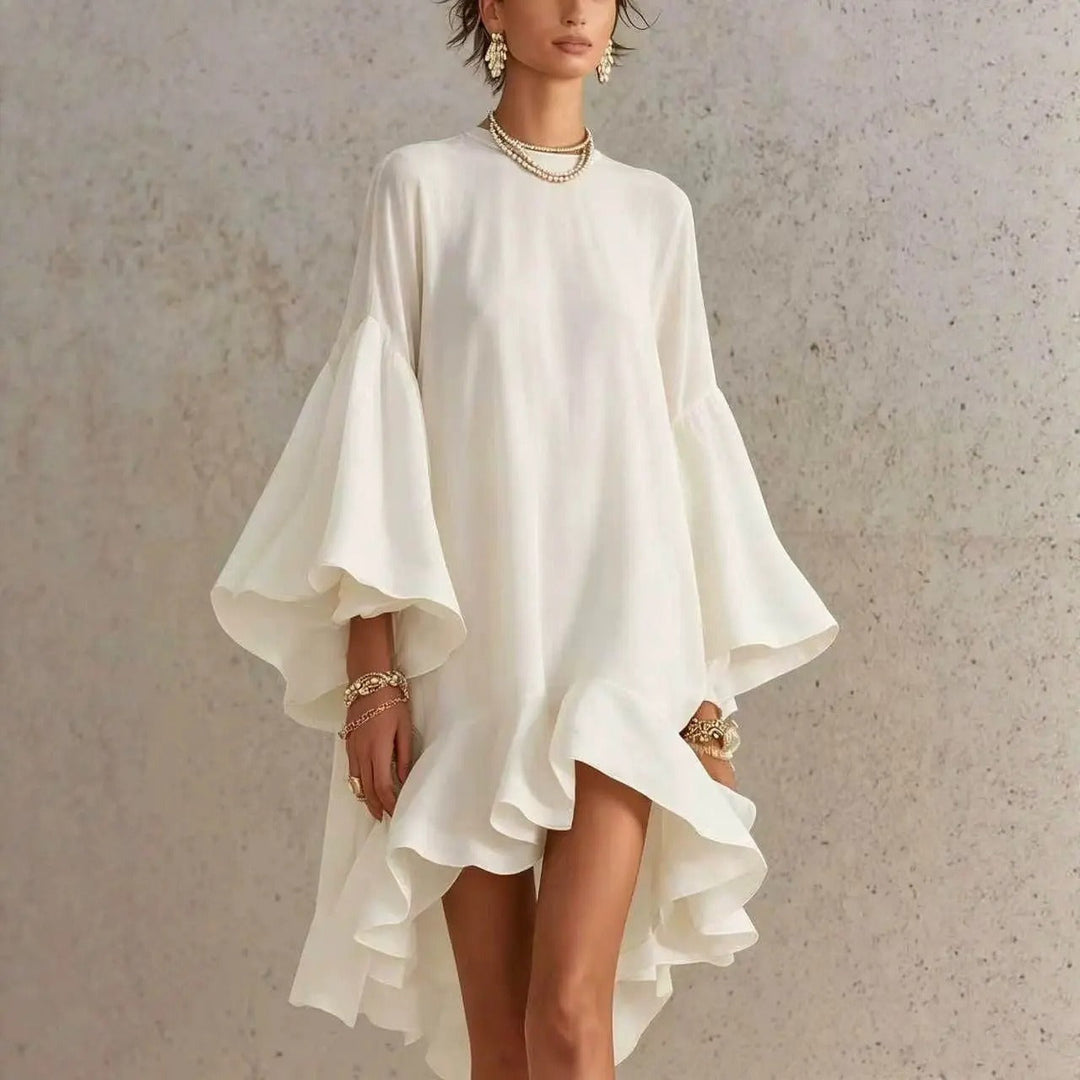 Women’s Linen Loose Bell Sleeve Ruffle Mini Dress