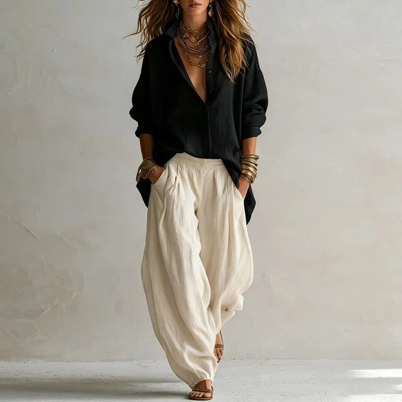 Women's Linen Boho Loose Top and Harem Pants Two Piece Set