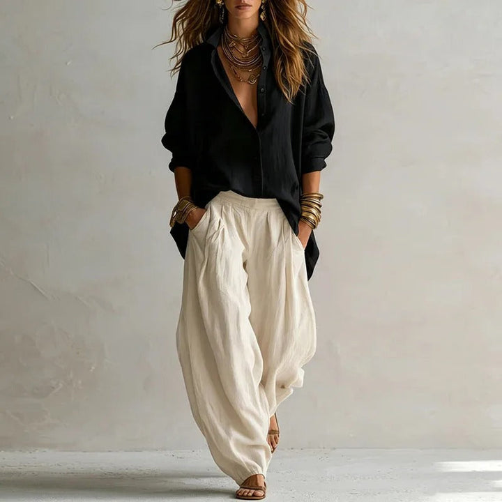 Women's Linen Boho Loose Top and Harem Pants Two Piece Set