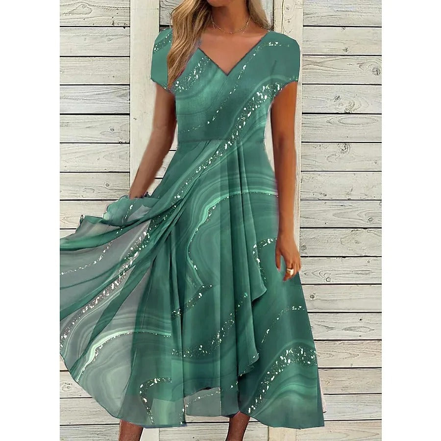 Women's Chiffon Pleated V-Neck Midi Dress