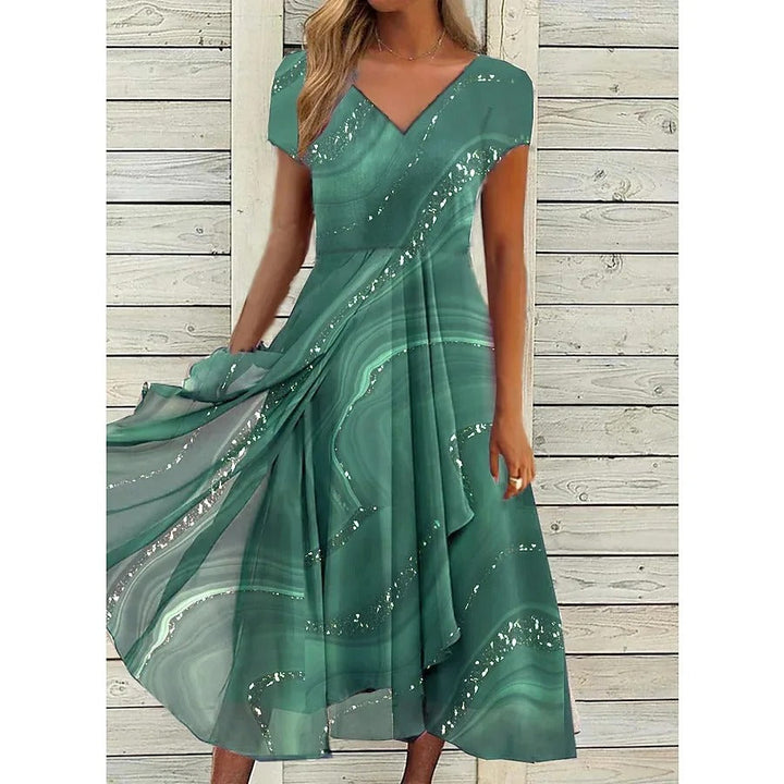 Women's Chiffon Pleated V-Neck Midi Dress