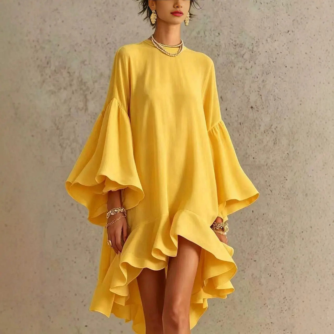 Women’s Linen Loose Bell Sleeve Ruffle Mini Dress
