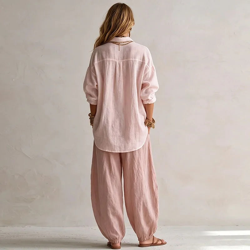 Women's Linen Boho Loose Top and Harem Pants Two Piece Set