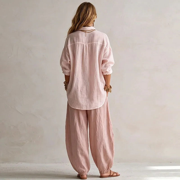 Women's Linen Boho Loose Top and Harem Pants Two Piece Set