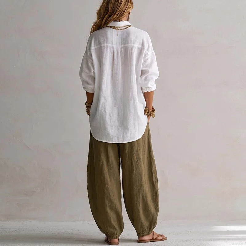 Women's Linen Boho Loose Top and Harem Pants Two Piece Set