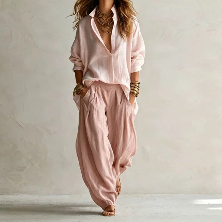 Women's Linen Boho Loose Top and Harem Pants Two Piece Set