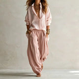Women's Linen Boho Loose Top and Harem Pants Two Piece Set