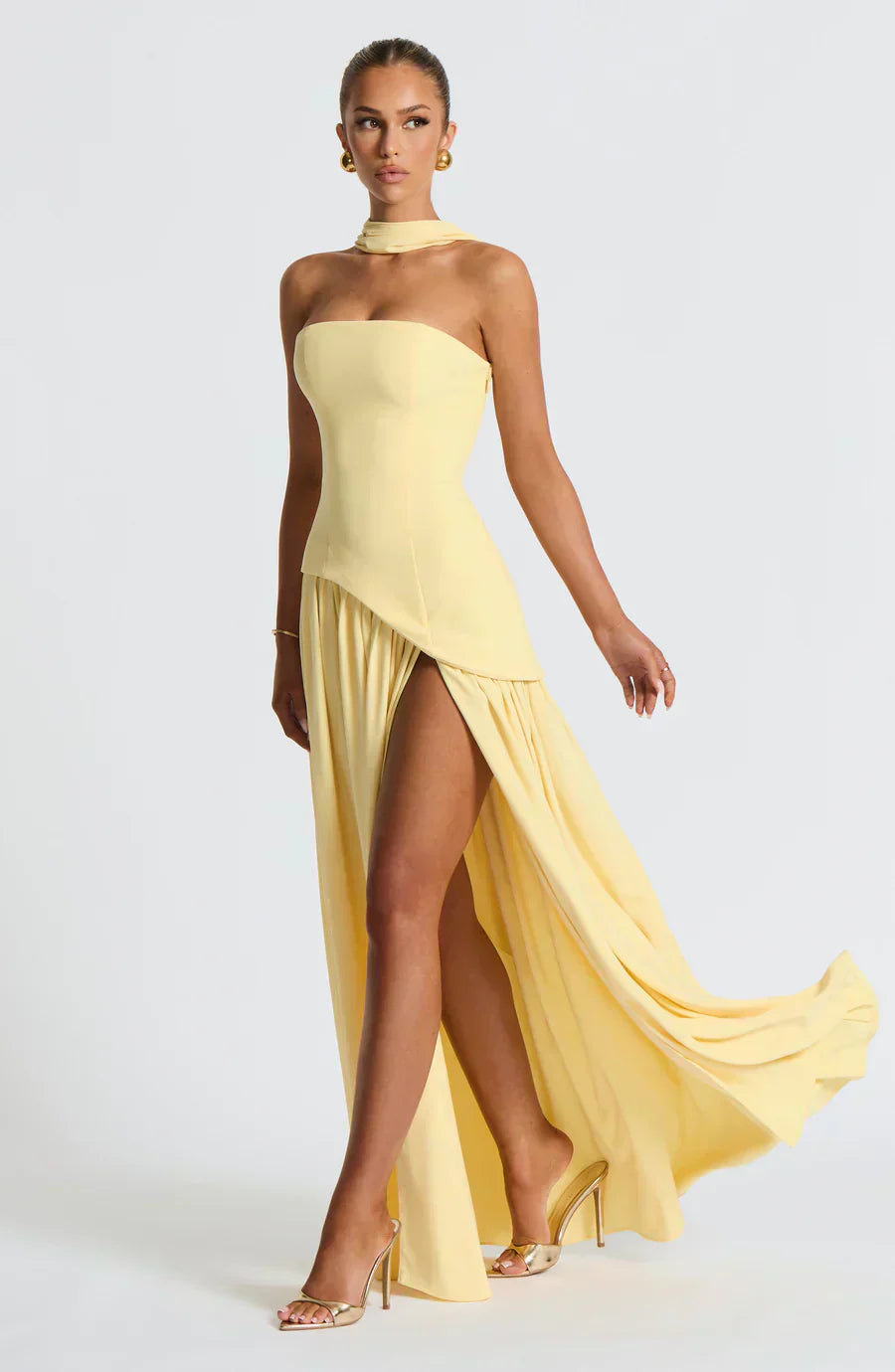 Women's Knit Strapless High Slit Formal Maxi Dress