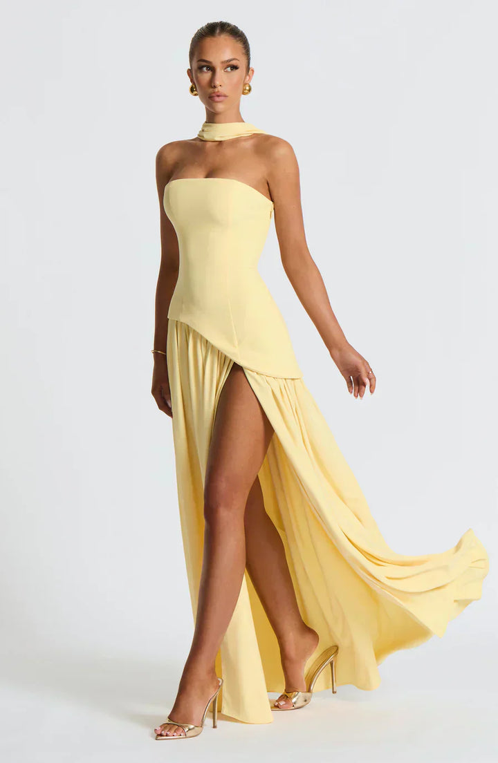Women's Knit Strapless High Slit Formal Maxi Dress