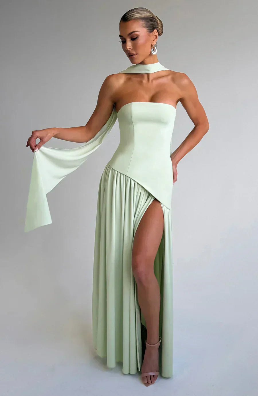Women's Knit Strapless High Slit Formal Maxi Dress