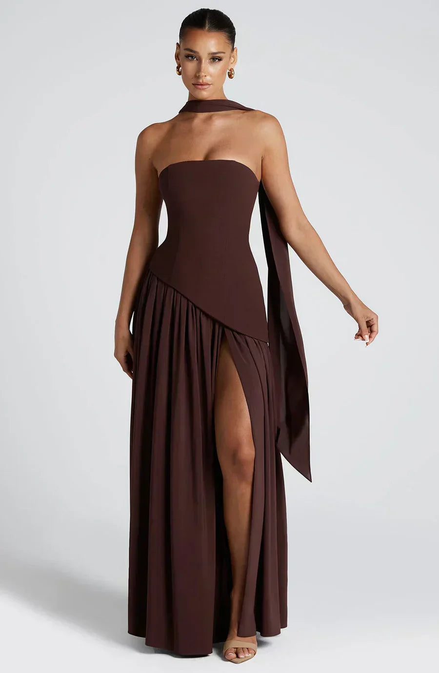 Women's Knit Strapless High Slit Formal Maxi Dress