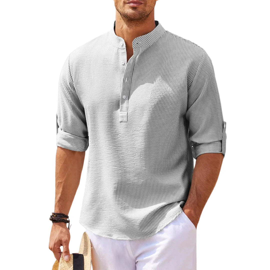 Men's Linen Henley Shirt Long Sleeve Casual Lightweight Pullover Top