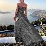 Women's Pleated Silk-Like Strapless Maxi Evening Dress