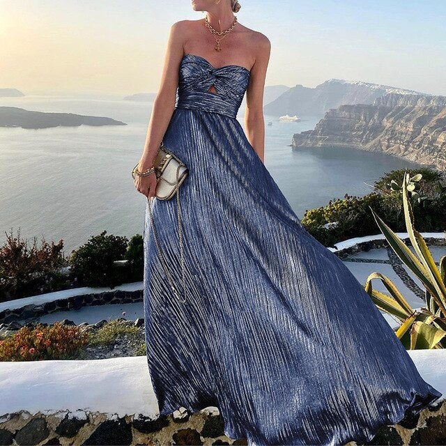 Women's Pleated Silk-Like Strapless Maxi Evening Dress
