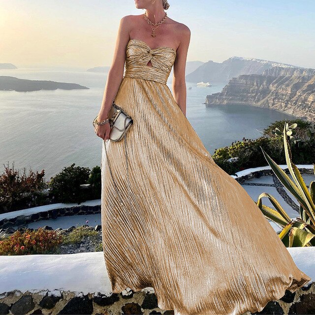 Women's Pleated Silk-Like Strapless Maxi Evening Dress
