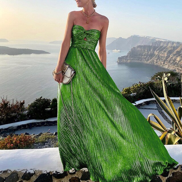 Women's Pleated Silk-Like Strapless Maxi Evening Dress