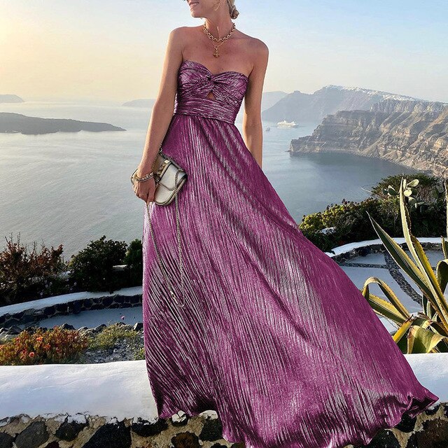 Women's Pleated Silk-Like Strapless Maxi Evening Dress