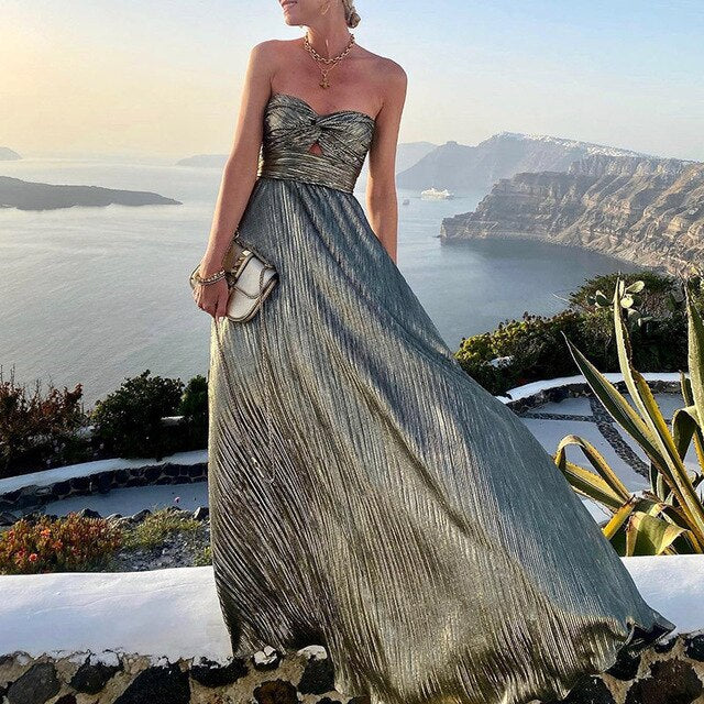 Women's Pleated Silk-Like Strapless Maxi Evening Dress