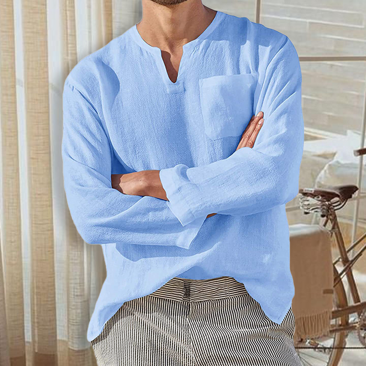 Ανδρικό λινό πουκάμισο με μακριά μανίκια Henley, άνετο και χαλαρό, για παραλία.