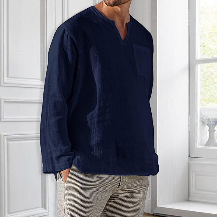 Ανδρικό λινό πουκάμισο με μακριά μανίκια Henley, άνετο και χαλαρό, για παραλία.
