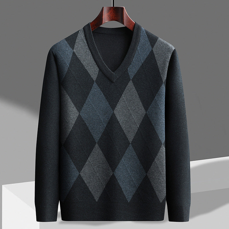 Męski sweter z dekoltem w serek w wzór argyle, wykonany z wełny merynosów, pulower, dzianina