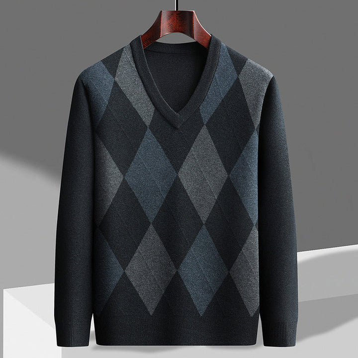 Męski sweter z dekoltem w serek w wzór argyle, wykonany z wełny merynosów, pulower, dzianina