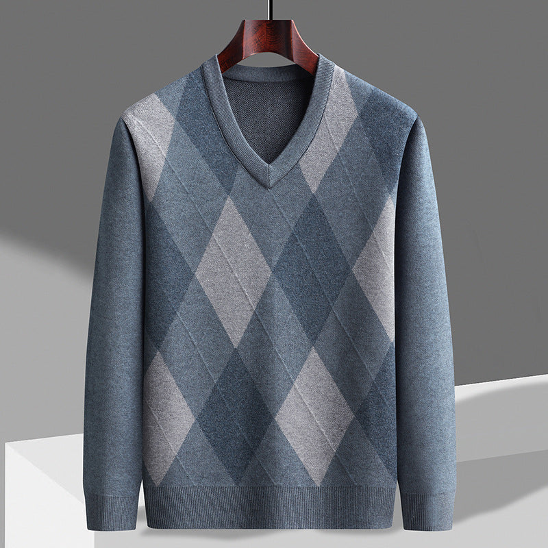Męski sweter z dekoltem w serek w wzór argyle, wykonany z wełny merynosów, pulower, dzianina