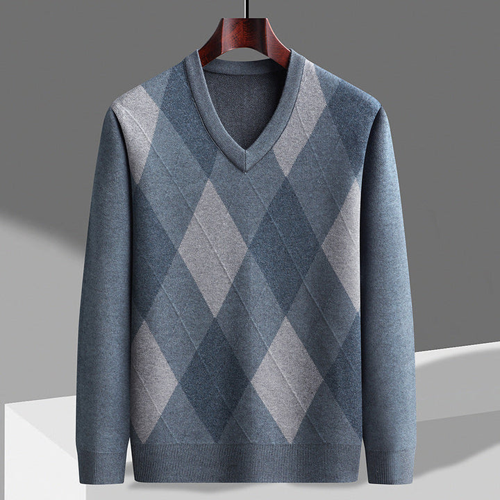 Męski sweter z dekoltem w serek w wzór argyle, wykonany z wełny merynosów, pulower, dzianina