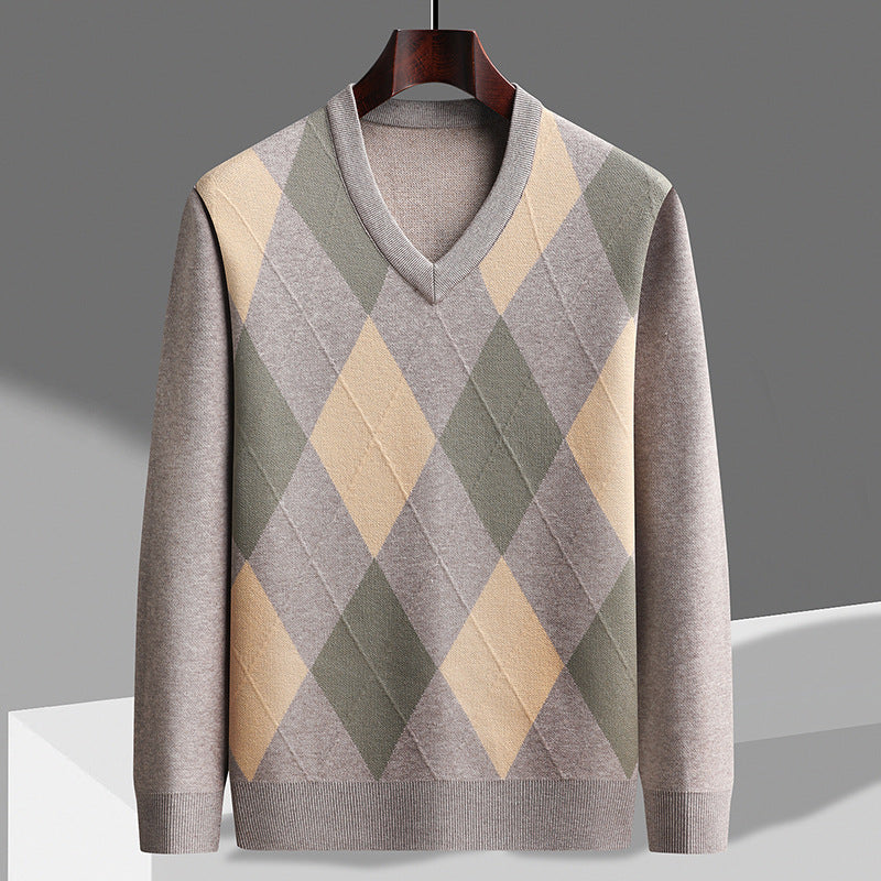Męski sweter z dekoltem w serek w wzór argyle, wykonany z wełny merynosów, pulower, dzianina