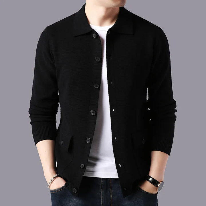 Men's Merino Wool Knit Cardigan Sweater Collared Coat Jacket