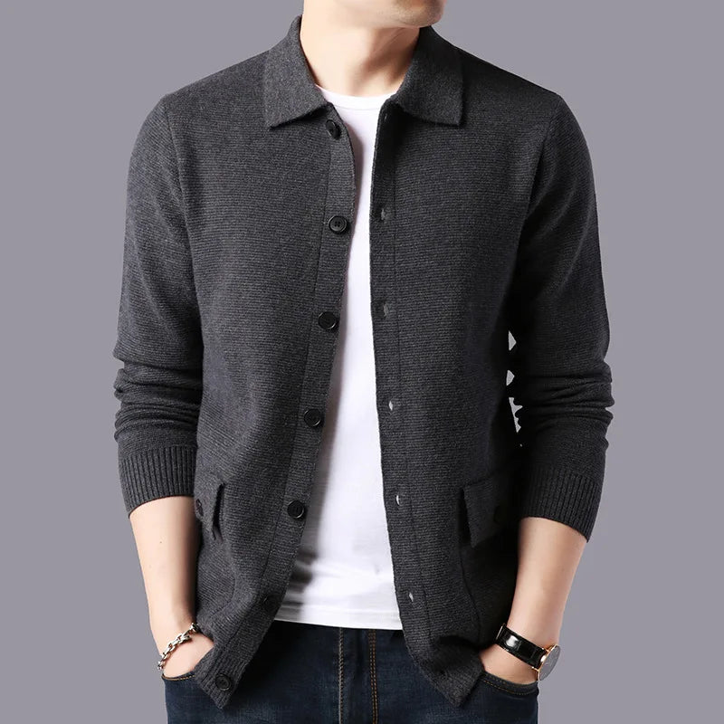 Men's Merino Wool Knit Cardigan Sweater Collared Coat Jacket
