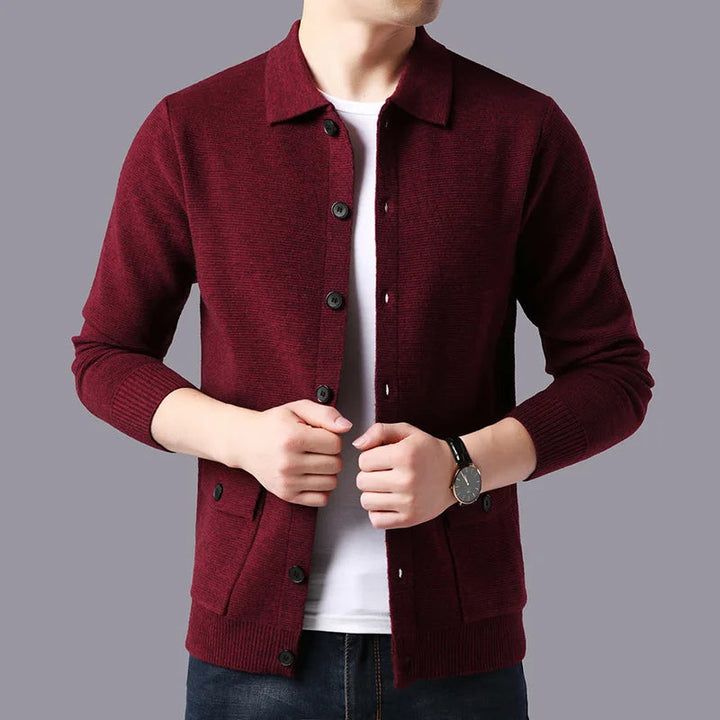 Men's Merino Wool Knit Cardigan Sweater Collared Coat Jacket