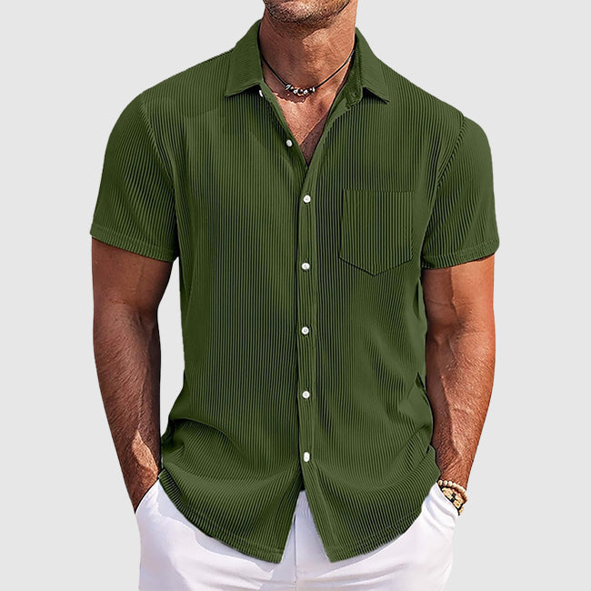 Chemise homme à manches courtes en maille côtelée, col cubain